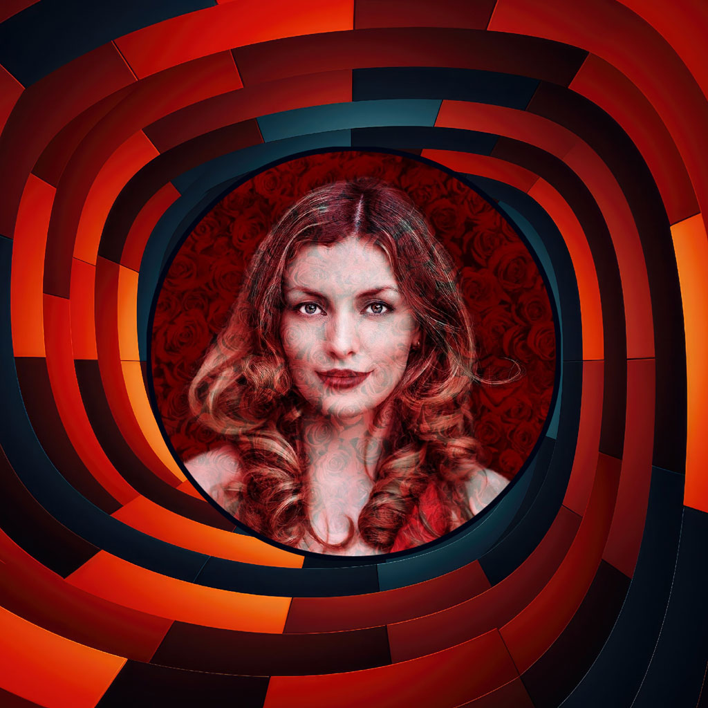 A woman with curly hair in a circular frame surrounded by a red and black gradient spiral.