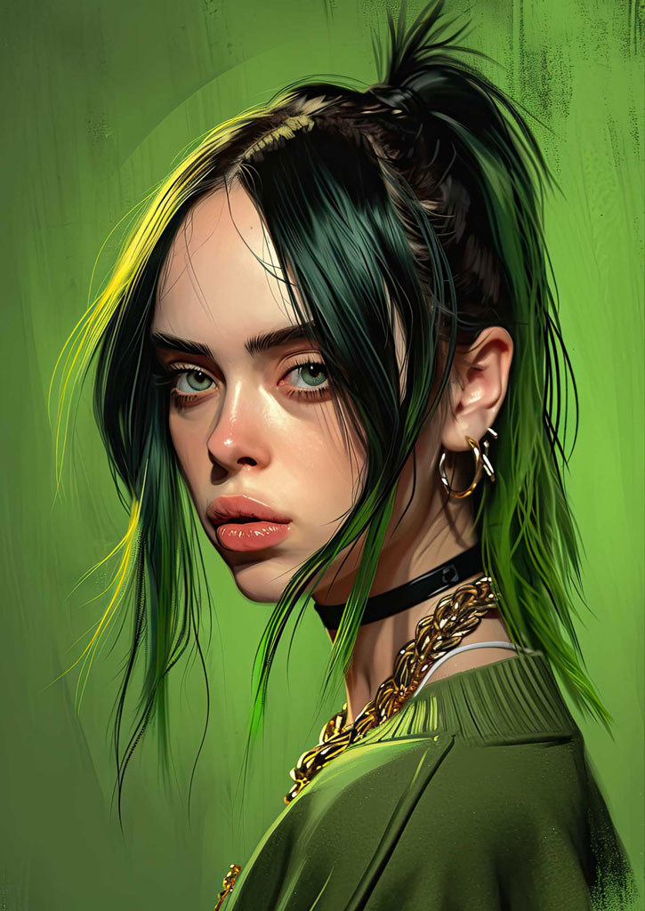 Portrait of Billie Eilish with green hair against a green background