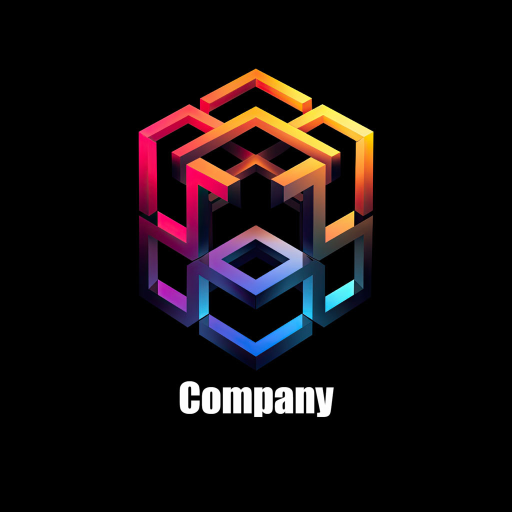 Company logo with a 3D cube and gradient colors