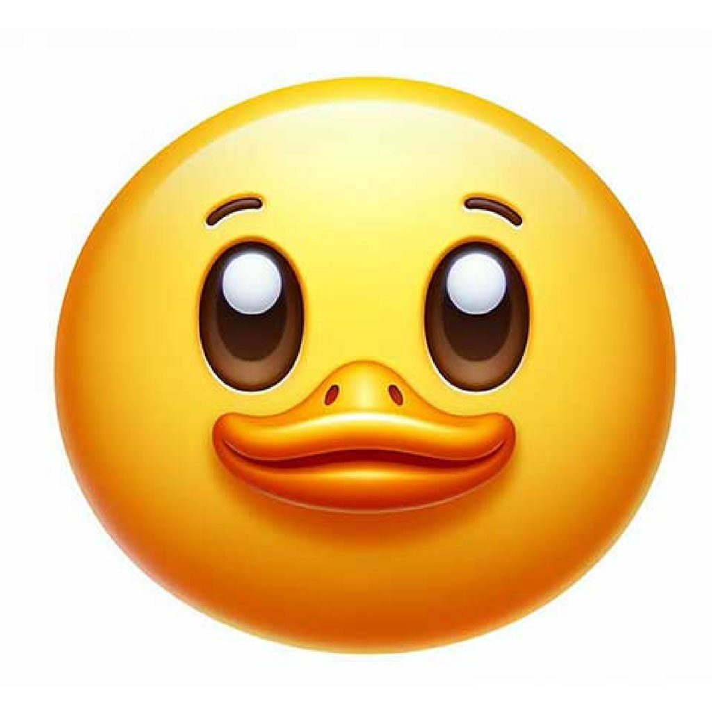 A cheerful white cartoon duck with an orange beak and feet