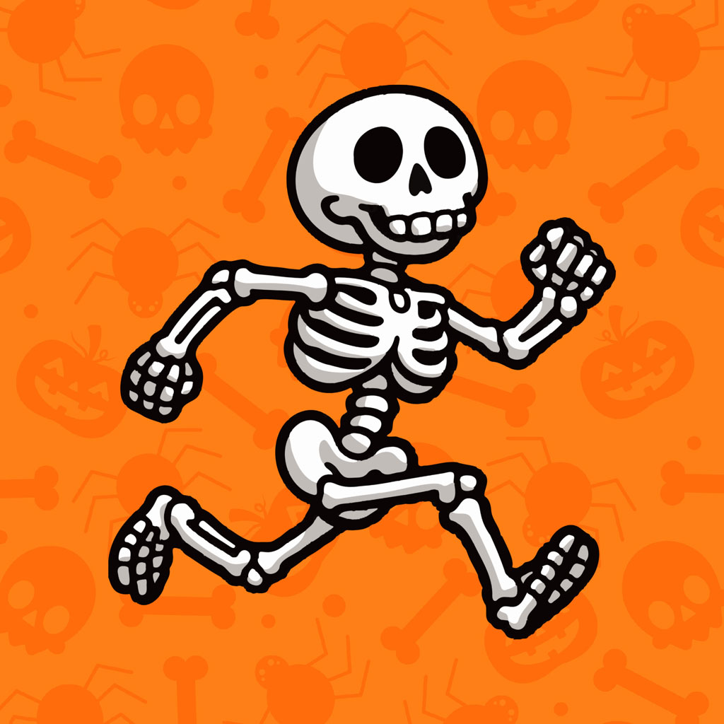 Cartoon skeleton dancing on orange background with Halloween icons