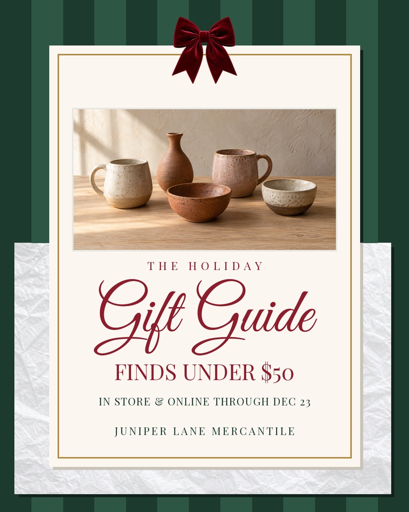 Holiday gift guide poster with a product photo, burgundy bow, and gift guide text on a cream card.