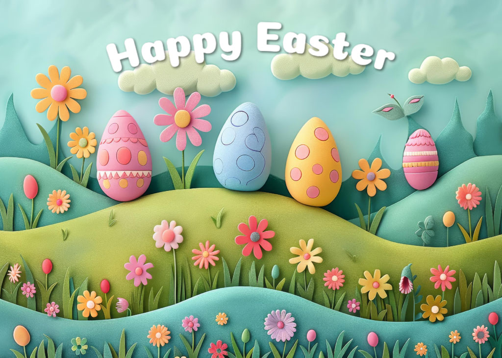 A 3D illustration of Easter eggs in a field of flowers with the text 'Happy Easter'