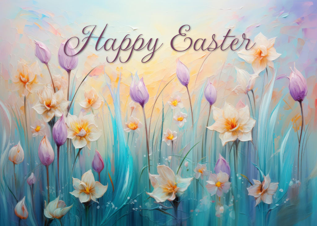 Happy Easter greeting with pastel flowers
