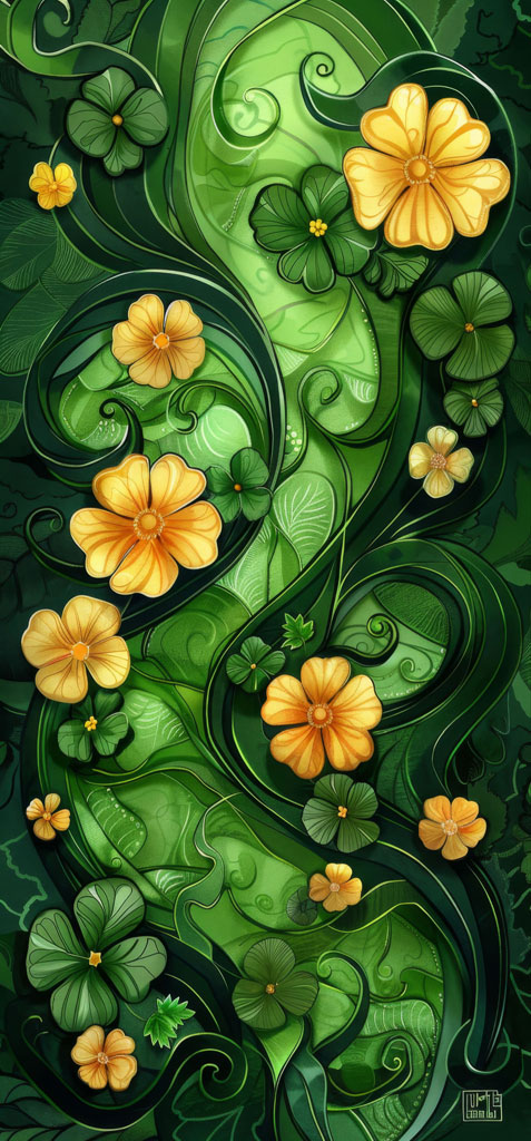 Digital artwork with yellow flowers and green leaves