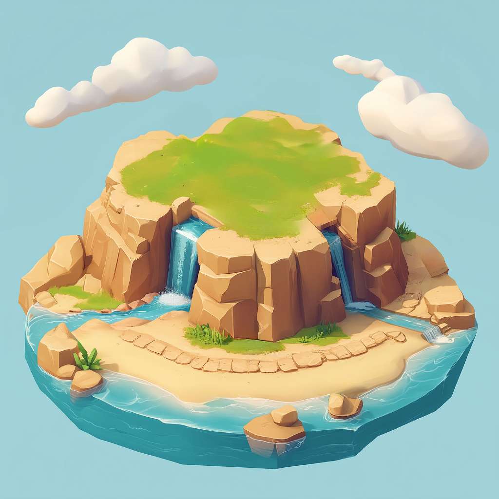 A cartoon island with a sandy beach, rocky cliffs, and a waterfall