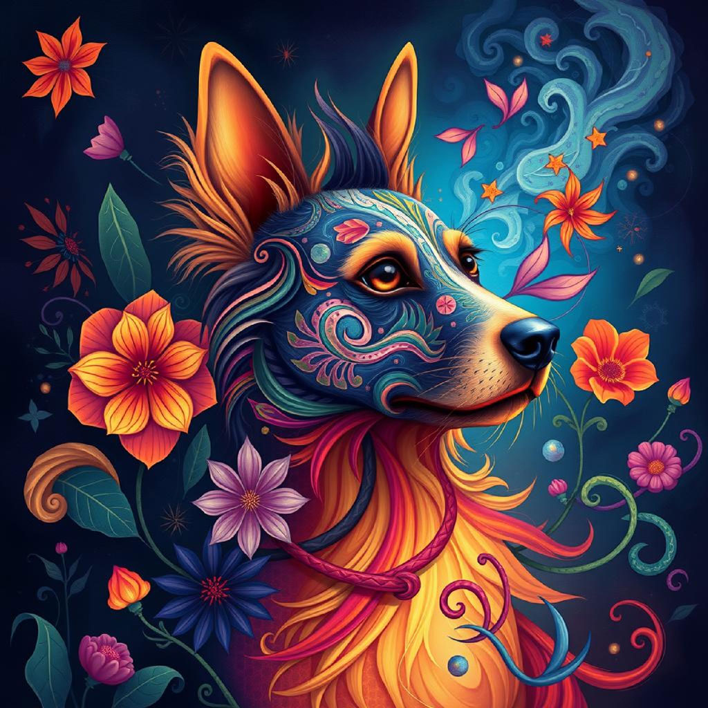 A woman with long black hair and red lips surrounded by orange and red flowers