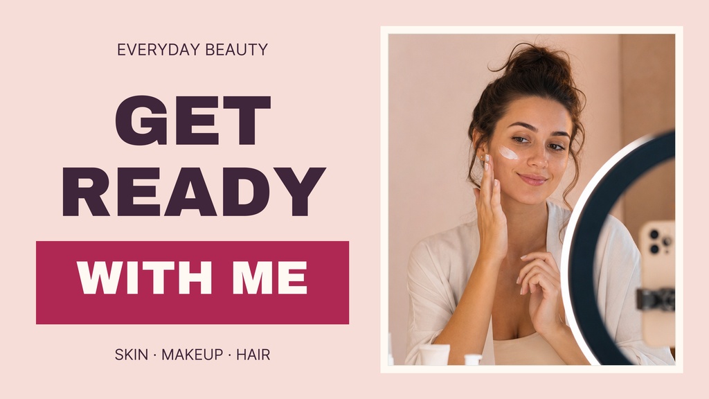 Pink YouTube thumbnail design with a woman in a bathroom mirror selfie and bold Get Ready With Me text