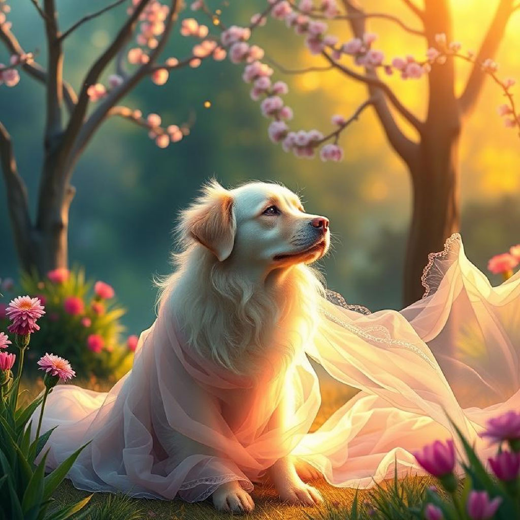 A woman dressed as a fairy with white wings in a flowing white dress, standing in a garden with blooming trees.