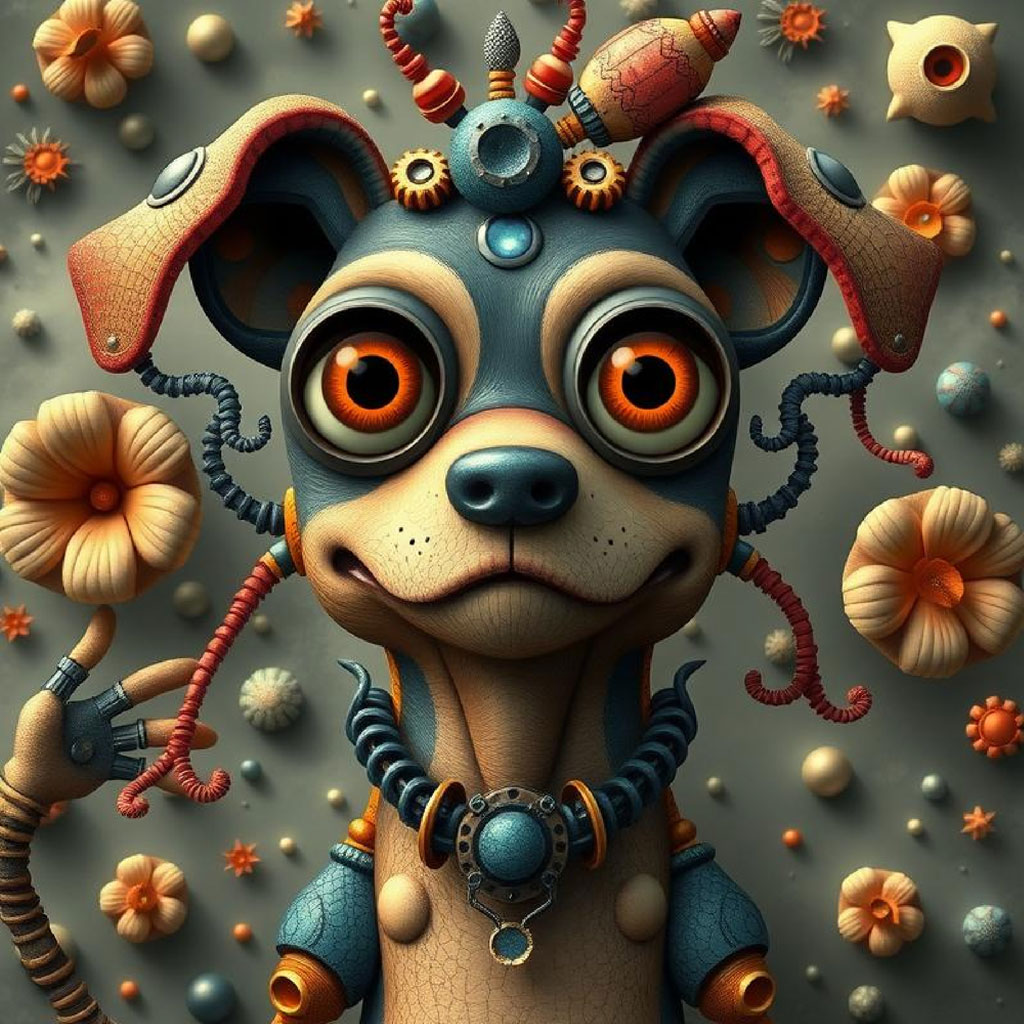 Steampunk-inspired digital artwork of a woman with mechanical headpiece and heterochromatic eyes