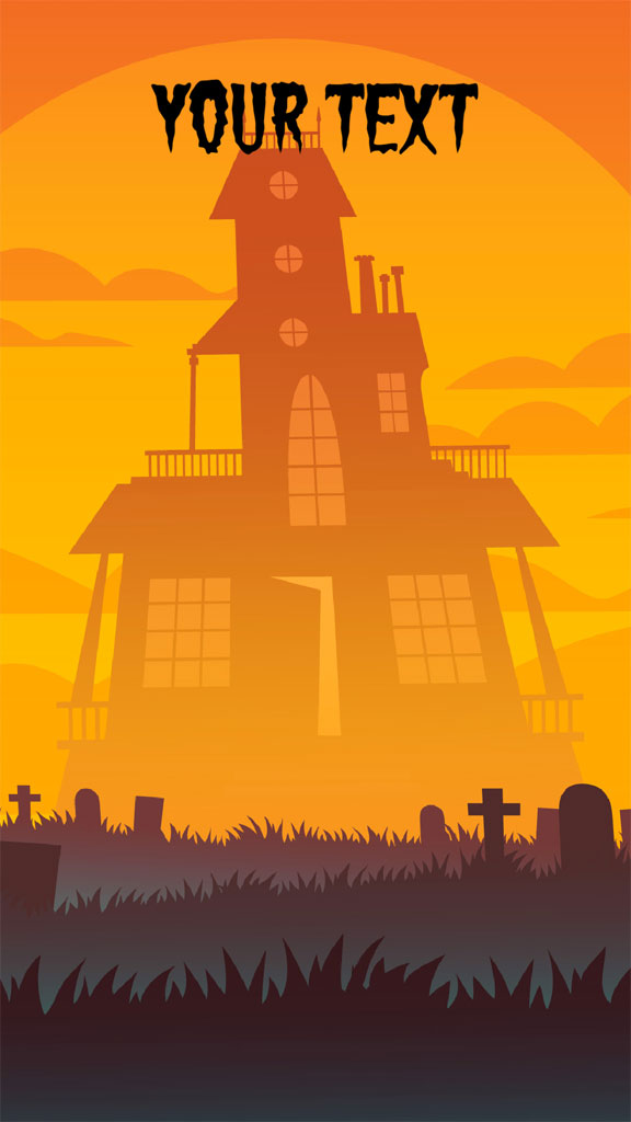 A spooky house with a graveyard in front of it, set against an orange background.