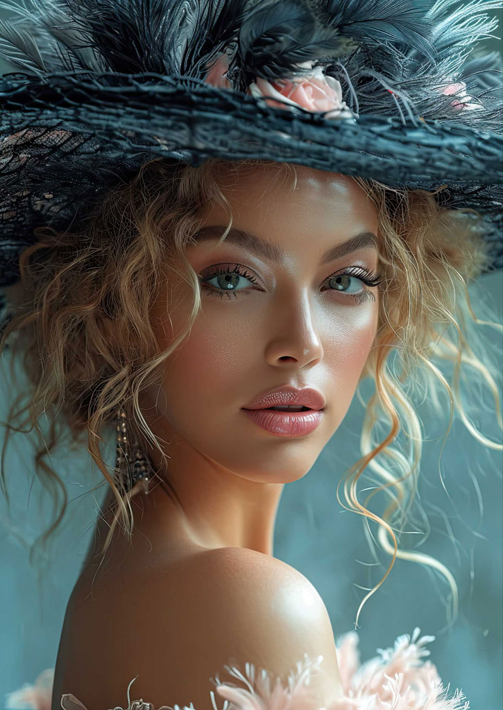 Woman with curly blonde hair and blue eyes wearing a black hat with feathers and flowers