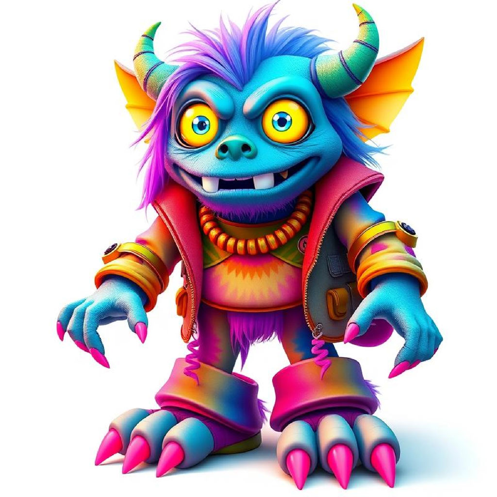 A cartoon monster with blue skin, purple hair, and sharp claws, wearing a pink jacket.