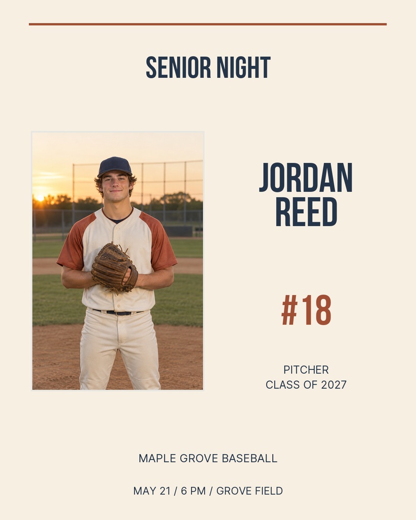 Baseball player portrait poster for senior night with name, jersey number, and game details.