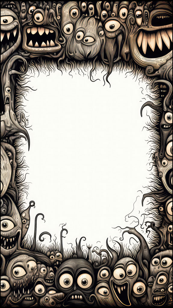 A black and white illustration of a frame surrounded by various monsters and eyes.
