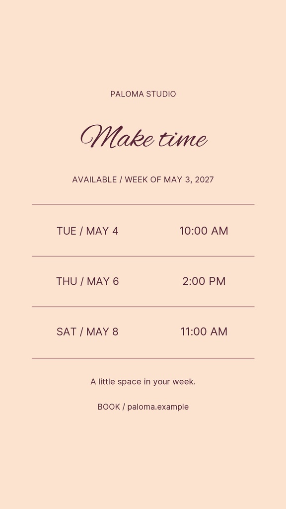 Soft apricot Instagram Story layout with weekly appointment times and the phrase Make time.