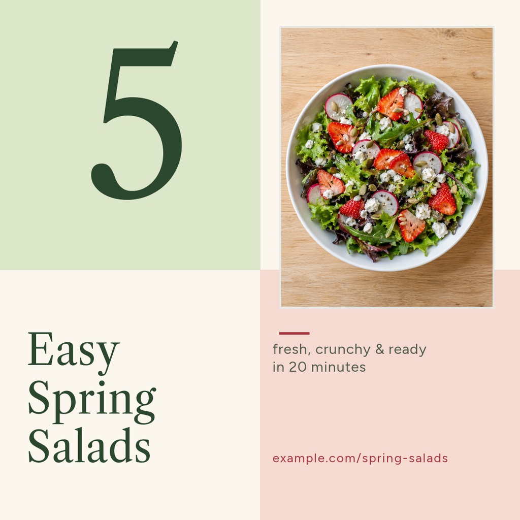 Square post template with a large number five, spring salads title, and a bowl of salad on a wooden table.