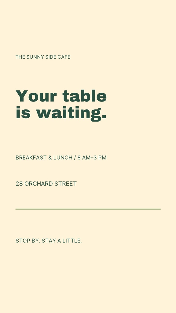 Minimal beige Instagram story design with cafe text inviting guests to stop by.