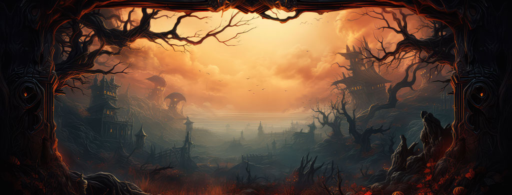 A dark, mystical forest with bare trees and a glowing orange sky in the background.