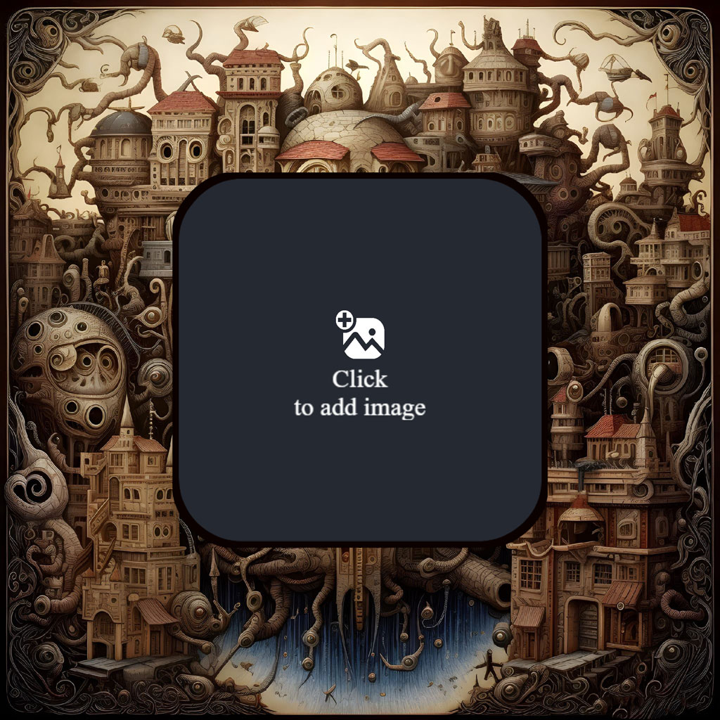 Surreal cityscape with a dark blue image upload button in the center.