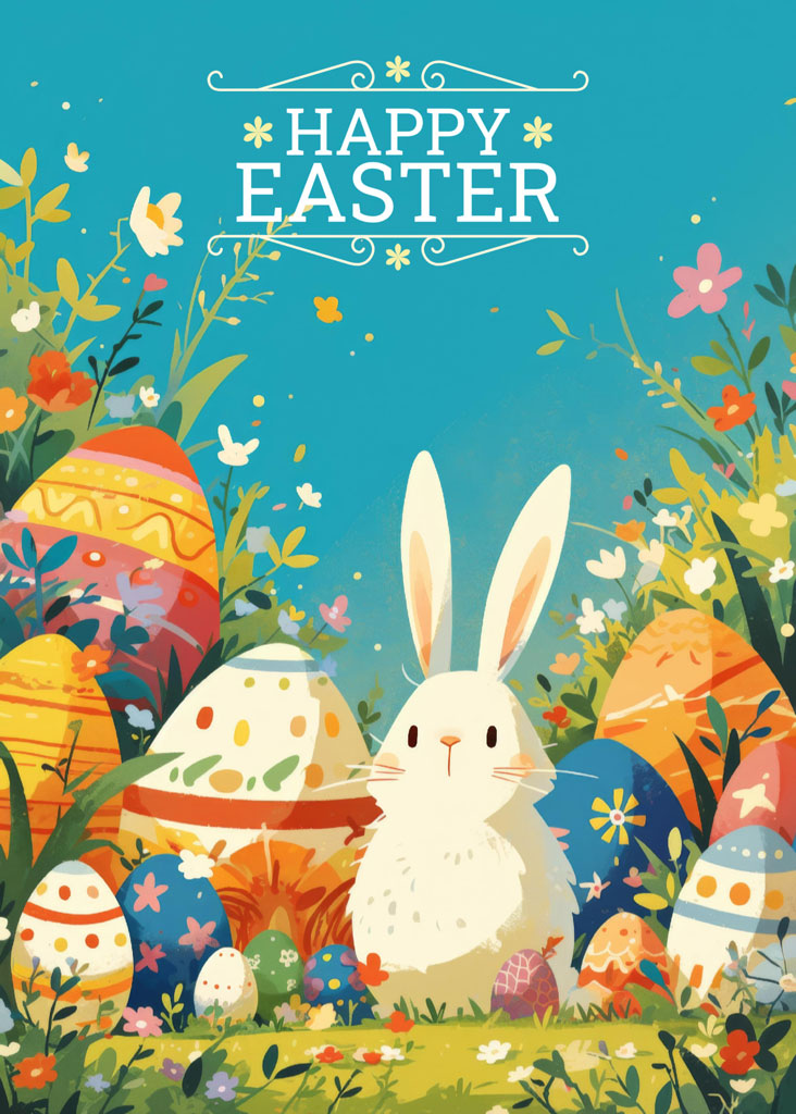 Easter bunny with decorated eggs and flowers