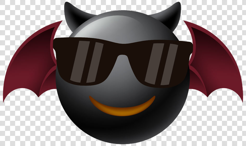 A gray cartoon devil face with sunglasses and red bat wings.
