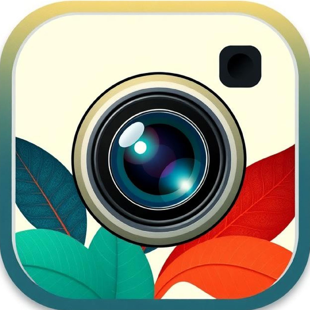 Camera app icon with lens and leaves