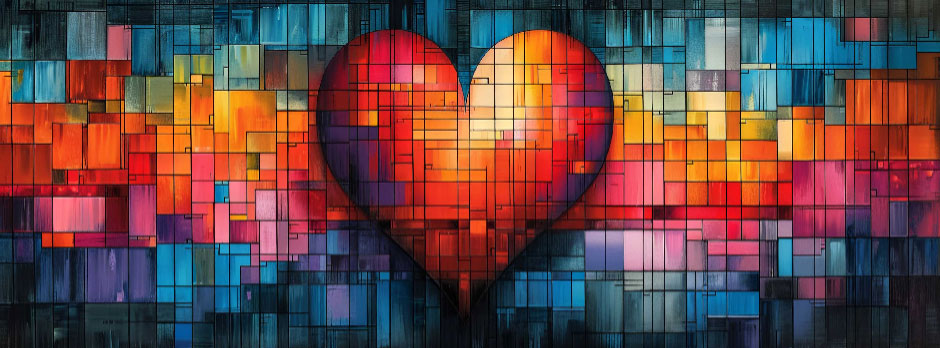 A heart made of mosaic tiles in shades of red and orange against a multicolored background.