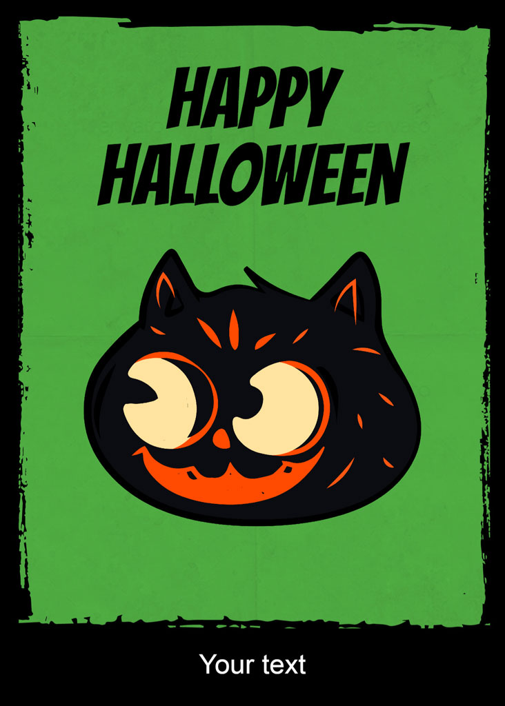 Cartoon black cat with a jack-o-lantern face