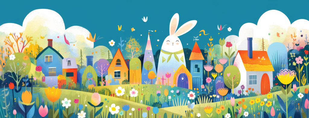 A cartoon Easter bunny in a village with houses and flowers