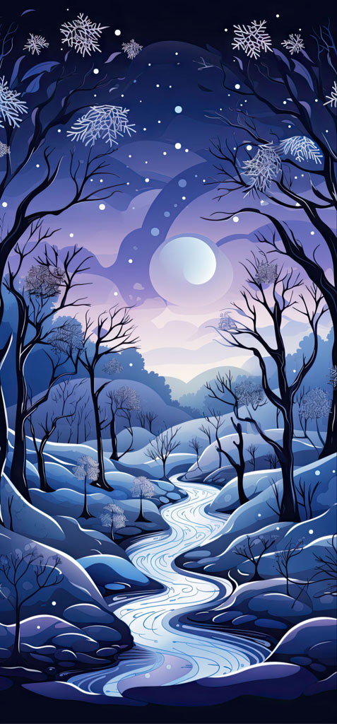 A digital illustration of a snowy landscape at night with a full moon.