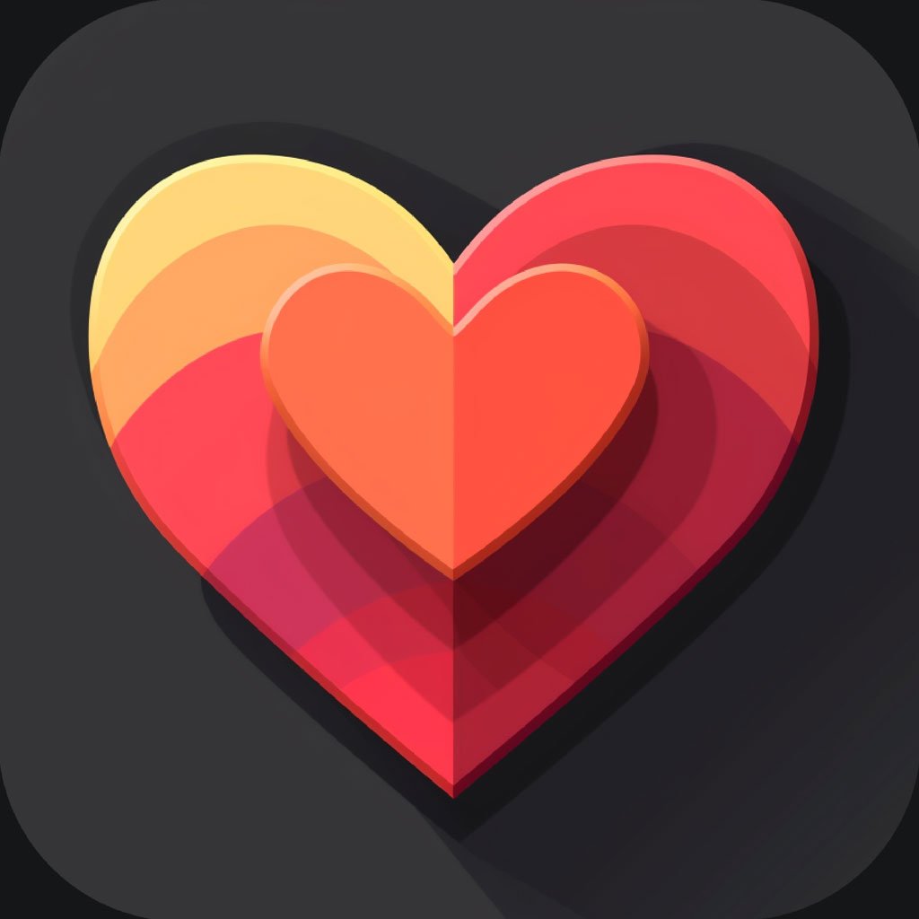 A stylized heart icon with layered, colorful elements and a 3D effect.