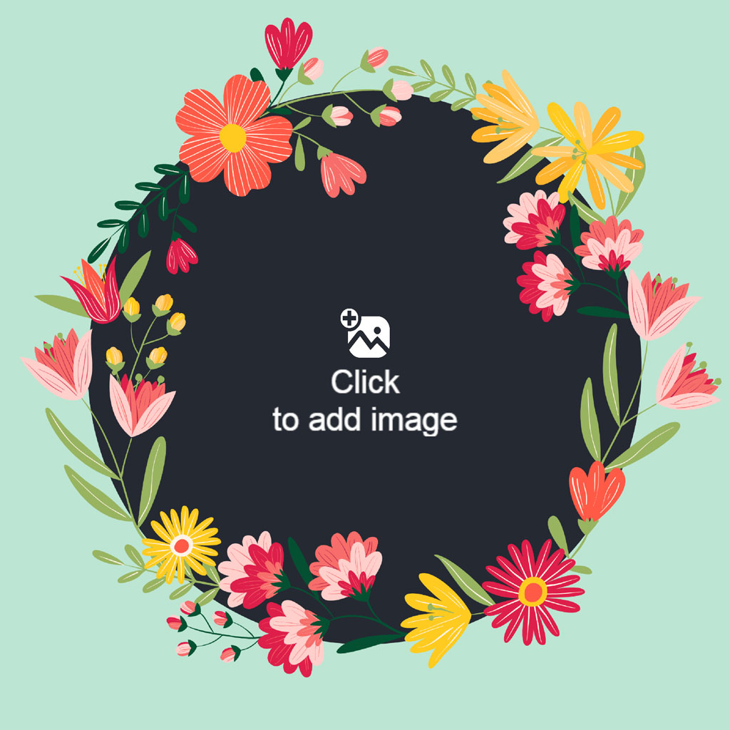 A circular floral wreath with various flowers and leaves