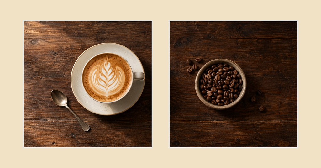 Coffee cup with latte art beside a bowl of coffee beans on a wooden table in a split layout
