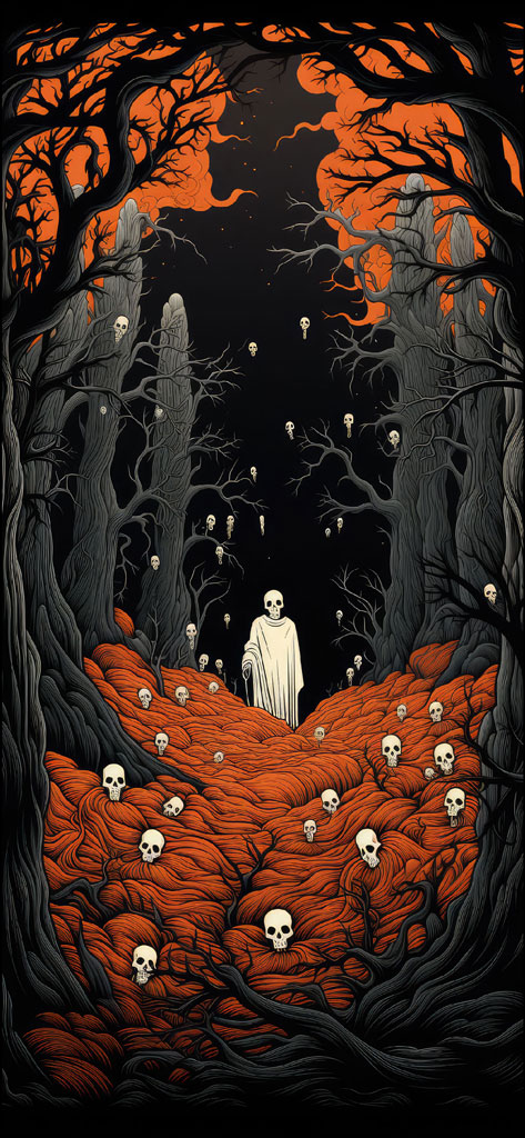 Grim reaper standing in a dark forest surrounded by skulls