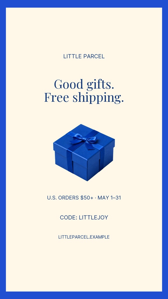 Cream Instagram story with a blue wrapped gift box and free shipping message.