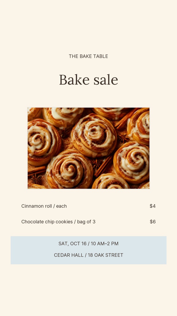 Instagram story layout with bake sale title, cinnamon roll photo, menu items, and event details.
