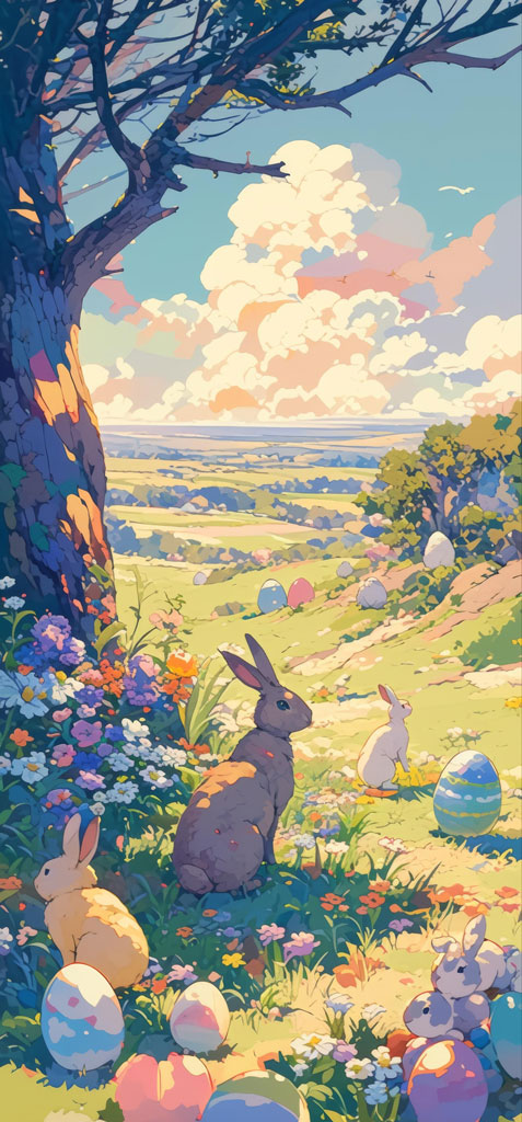 Illustration of Easter bunnies in a flower-filled meadow with Easter eggs