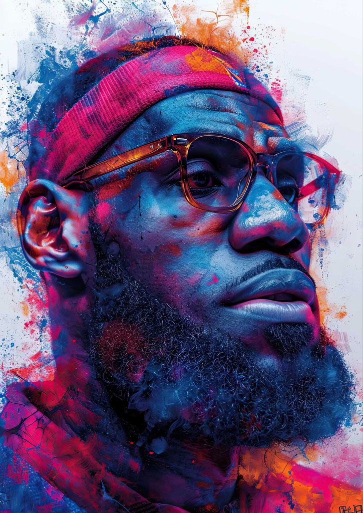 A close-up portrait of a man with sunglasses, surrounded by a dynamic background of blue, pink, and orange colors.