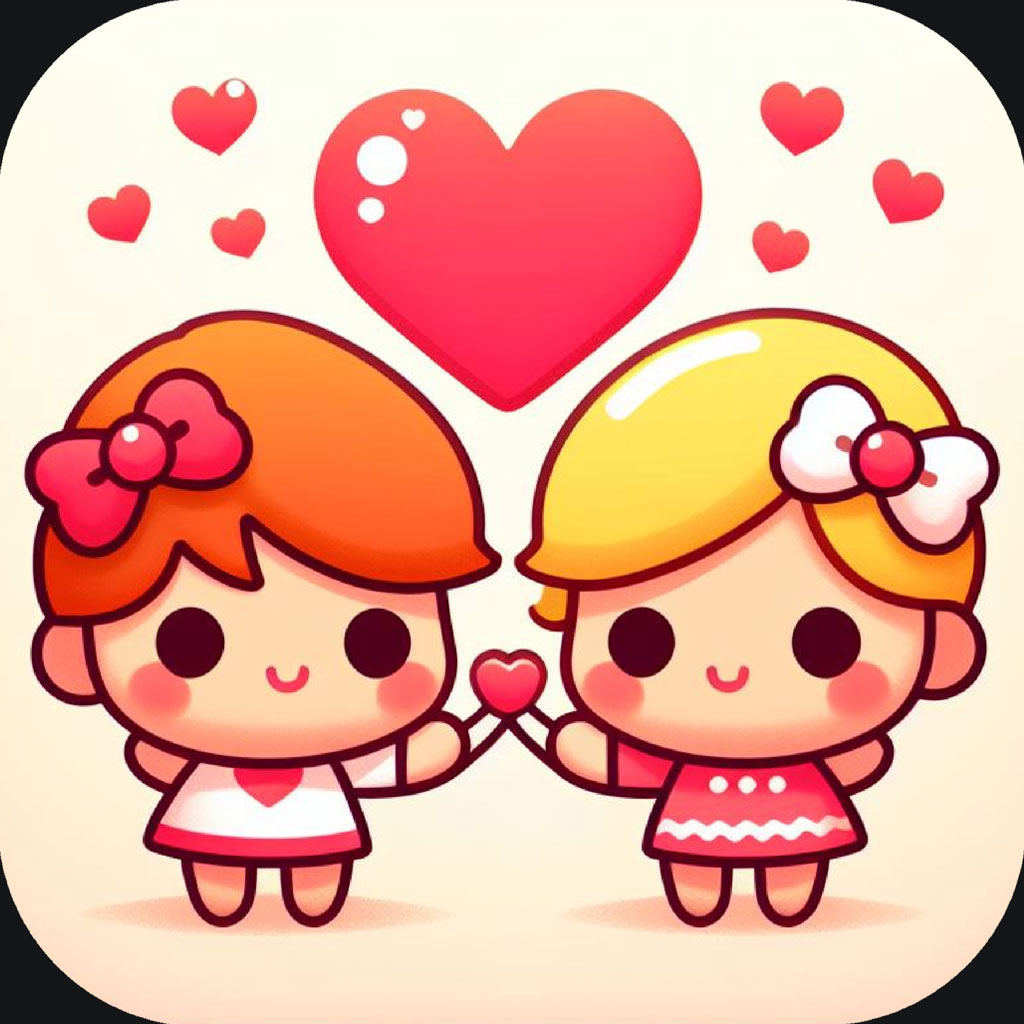 Two cartoon girls holding hands with hearts around them