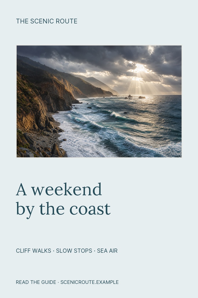 Pinterest pin layout with a coastal landscape photo and text about a weekend by the coast.
