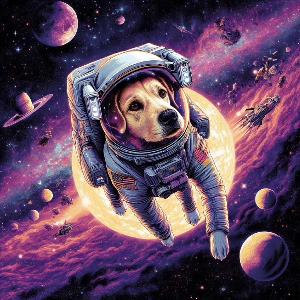 A dog wearing a space suit floats in space with a large glowing celestial body behind it.