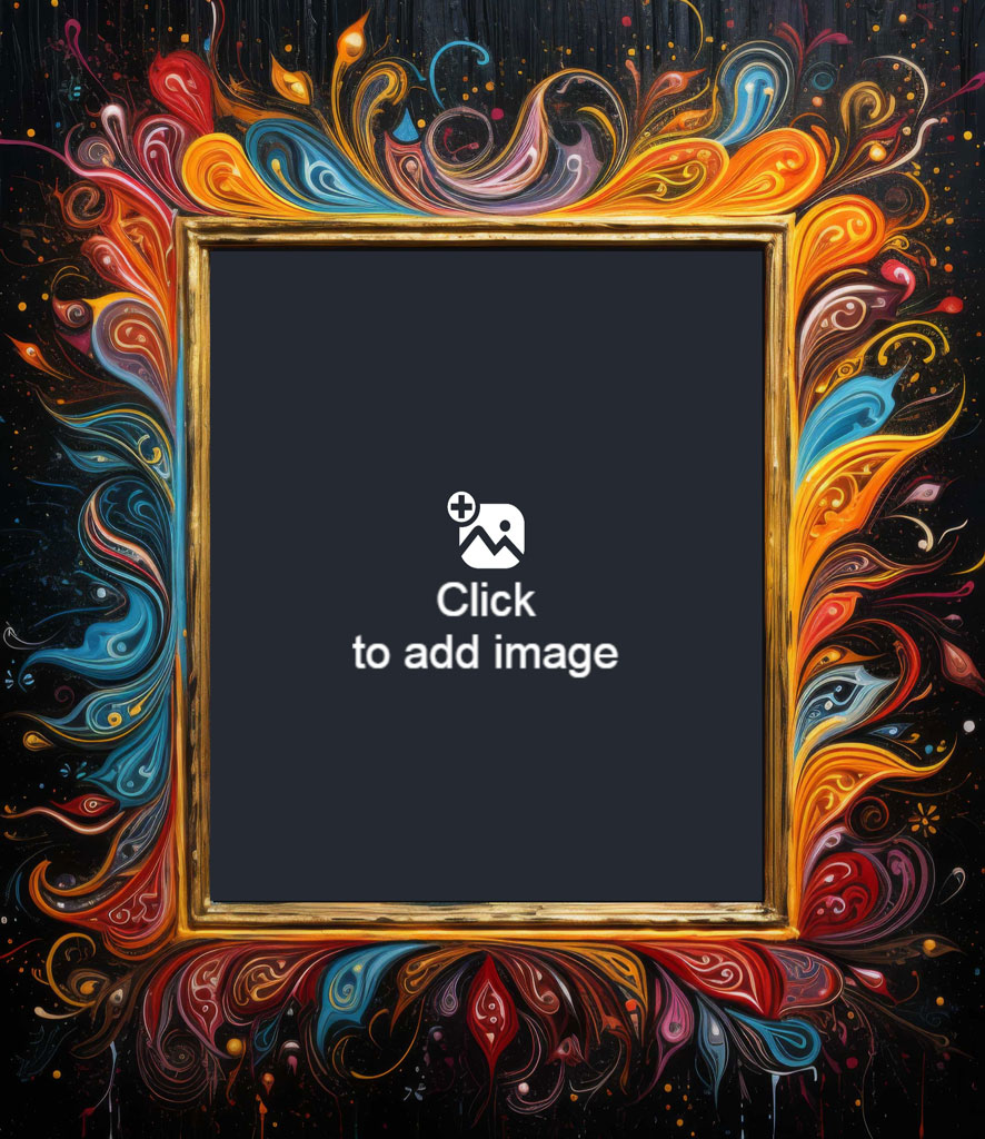 Ornate gold frame with colorful swirls on black background