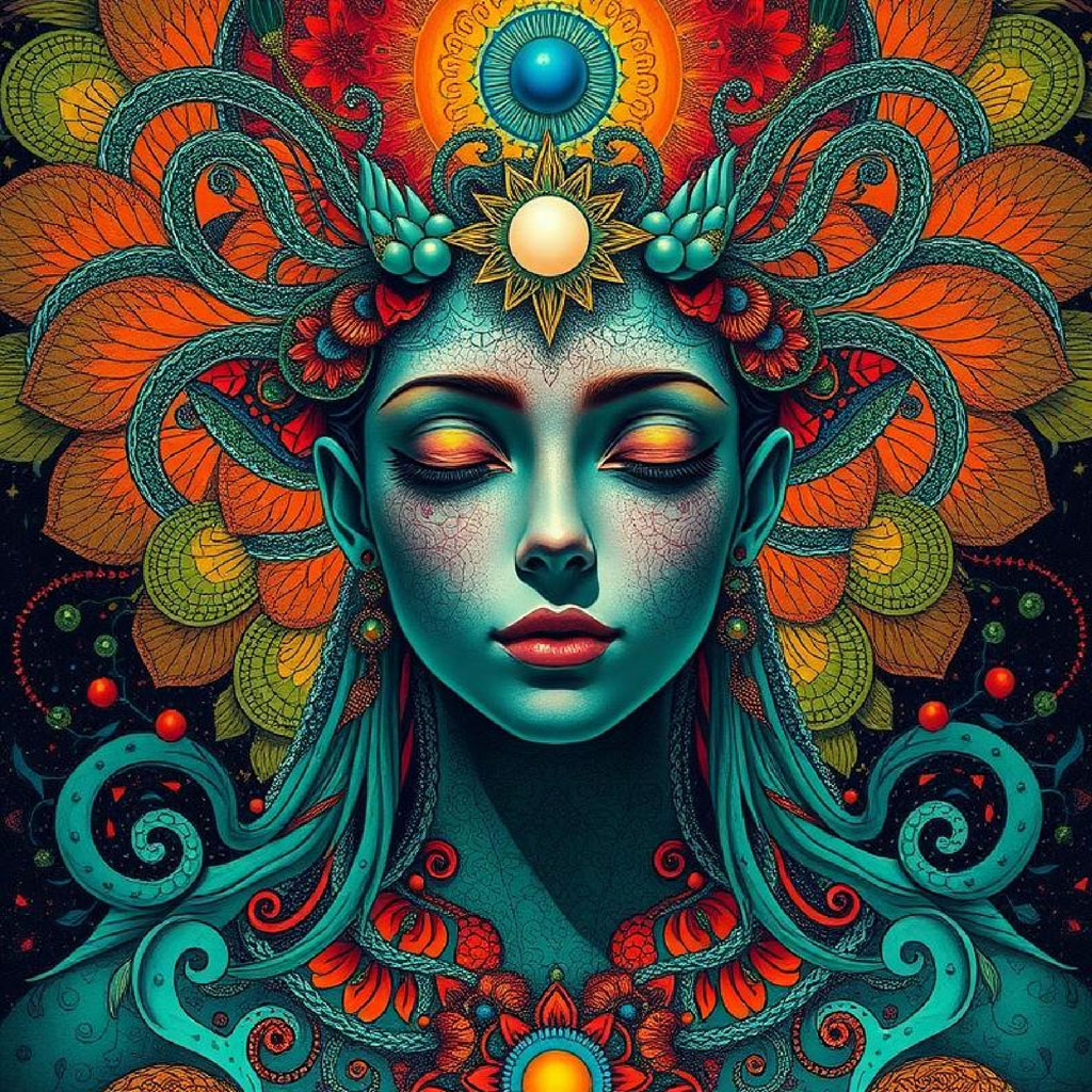 A woman with teal skin and closed eyes surrounded by orange and yellow floral patterns.