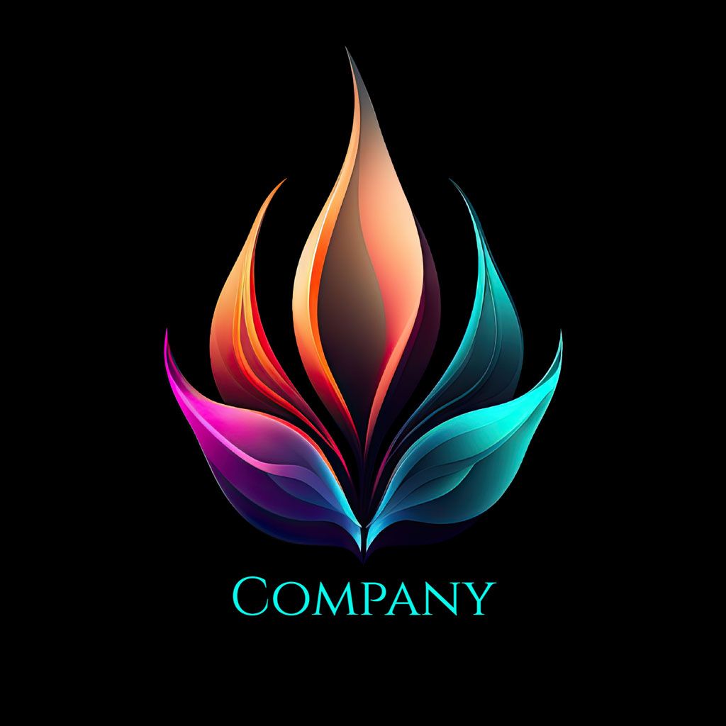 A vibrant, multi-colored flame logo against a black background