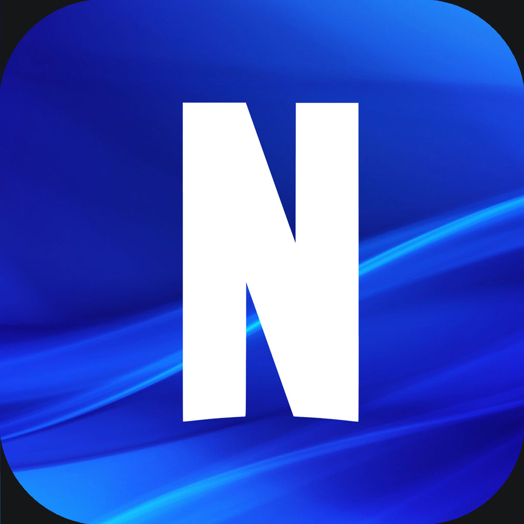 White letter N on a blue background