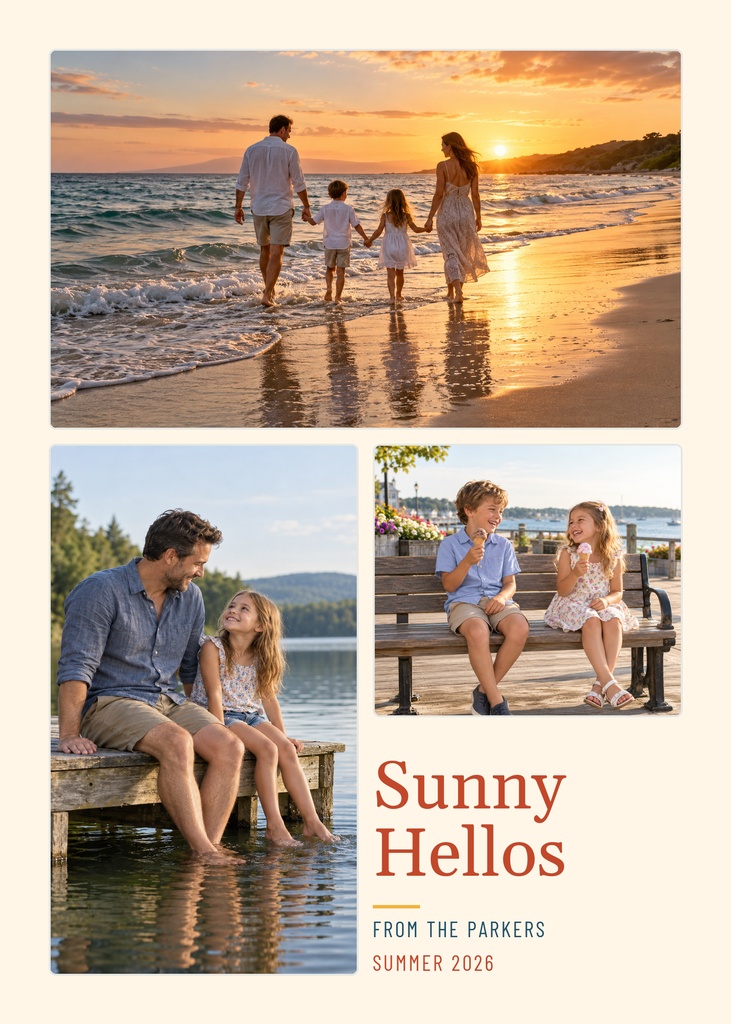 Family photo collage card with three beach and dock photos and sunny greeting text