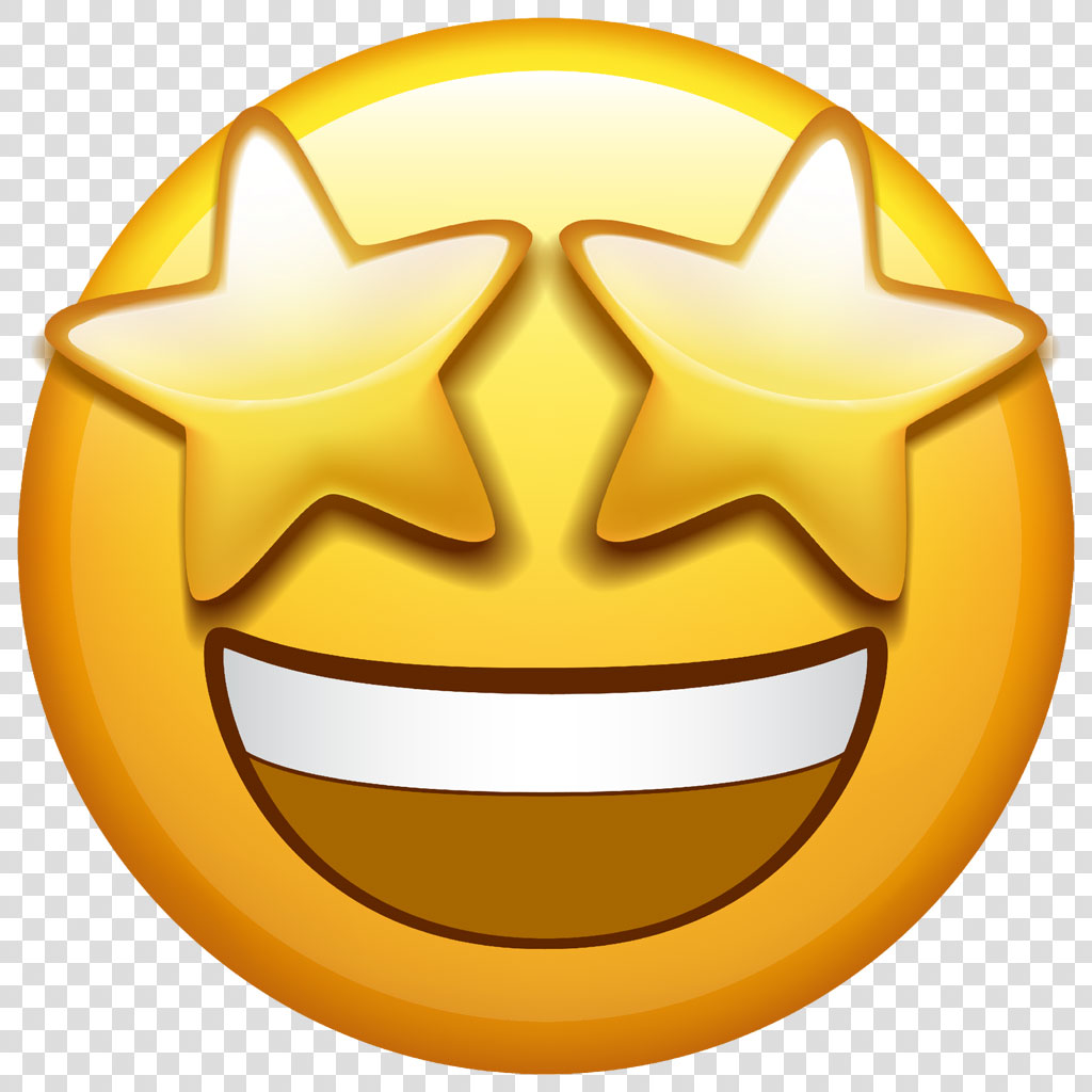 A yellow emoji with star-shaped eyes and a wide, cheerful grin.