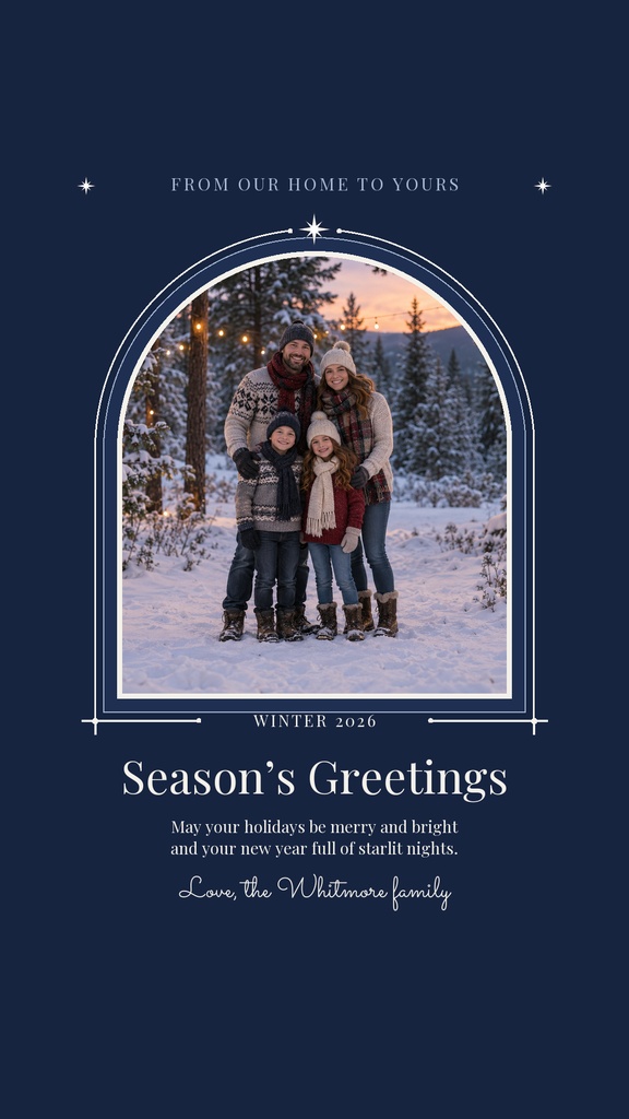 Family portrait inside an arched frame on a navy holiday greeting card with season’s greetings text.