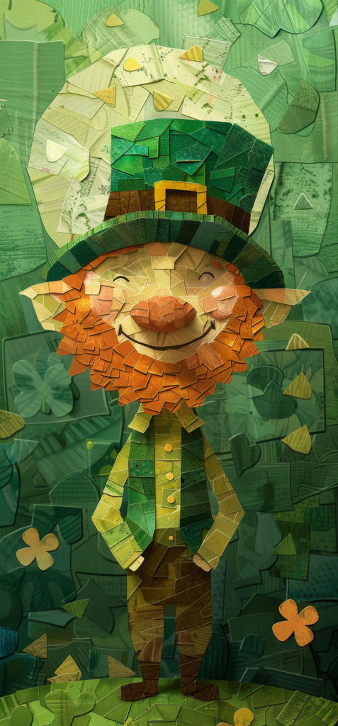 Mosaic illustration of a smiling leprechaun fox with a green hat and beard